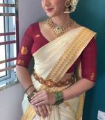 White red silk blend banarasi saree with unstitched blouse piece