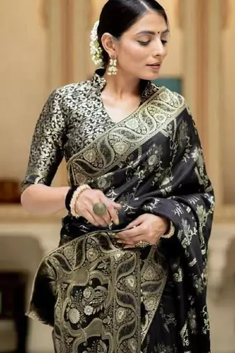 Black silk blend banarasi saree with unstitched blouse piece