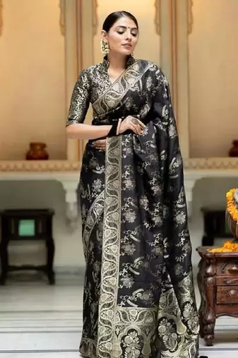 Black silk blend banarasi saree with unstitched blouse piece