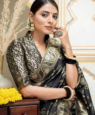 Black silk blend banarasi saree with unstitched blouse piece 1