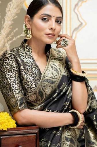Black soft silk blend banarasi jacuard work designer party wear saree with unstitched blouse piece