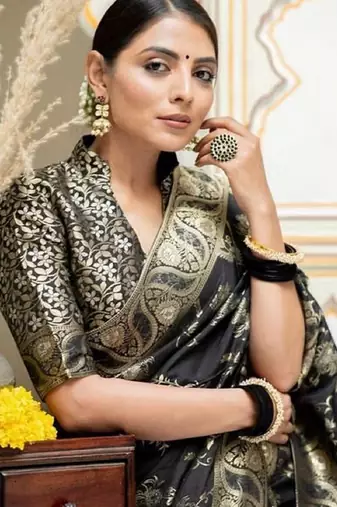 Black soft silk blend banarasi jacuard work designer party wear saree with unstitched blouse piece