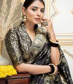 Black silk blend banarasi saree with unstitched blouse piece