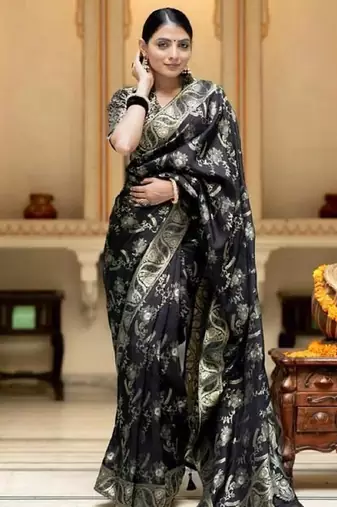Black silk blend banarasi saree with unstitched blouse piece