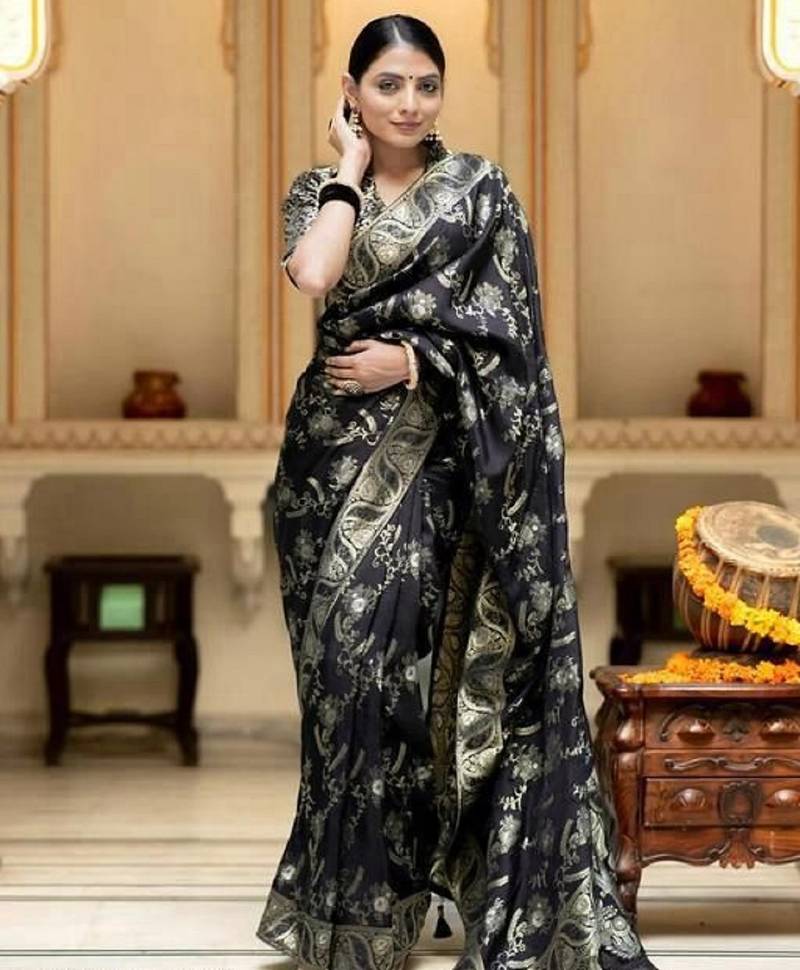 Black soft silk blend banarasi jacuard work designer party wear saree with unstitched blouse piece