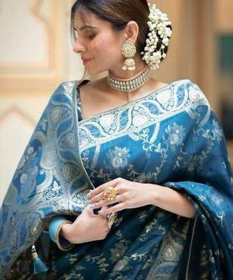 Turquoise silk blend banarasi saree with unstitched blouse piece 1
