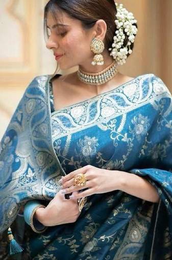 Turquoise soft silk blend banarasi jacuard work designer party wear saree with unstitched blouse piece