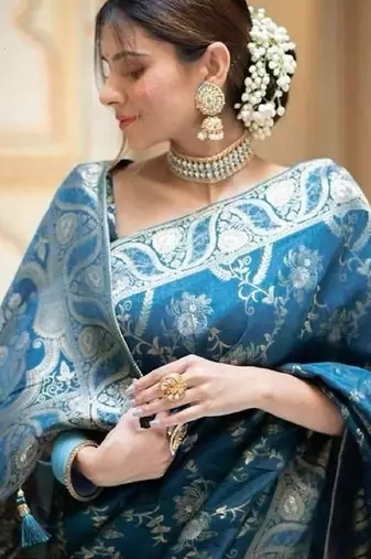 Turquoise soft silk blend banarasi jacuard work designer party wear saree with unstitched blouse piece