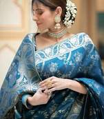 Turquoise silk blend banarasi saree with unstitched blouse piece