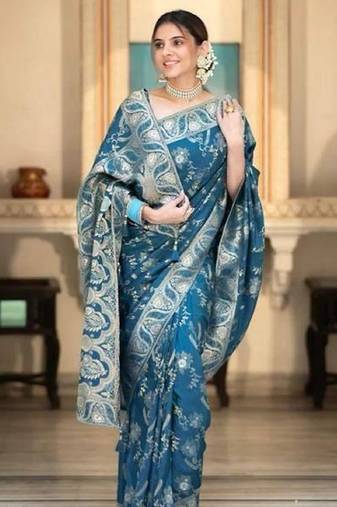 Turquoise soft silk blend banarasi jacuard work designer party wear saree with unstitched blouse piece