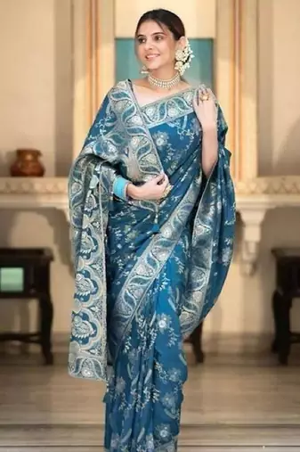 Turquoise soft silk blend banarasi jacuard work designer party wear saree with unstitched blouse piece