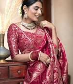 Rani pink silk blend banarasi saree with unstitched blouse piece