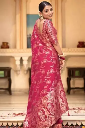 Rani pink silk blend banarasi saree with unstitched blouse piece