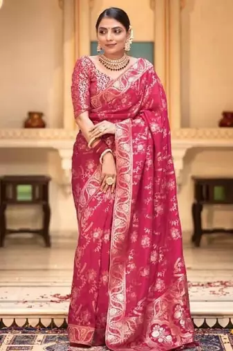 Rani pink silk blend banarasi saree with unstitched blouse piece