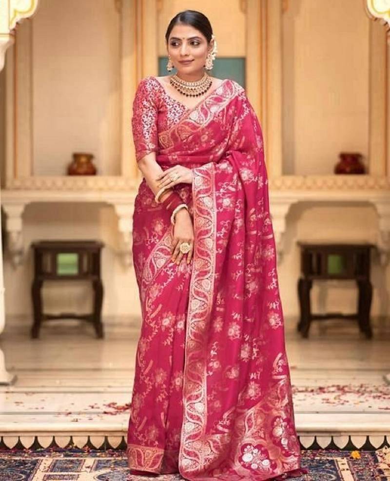 Rani pink soft silk blend banarasi jacuard work designer party wear saree with unstitched blouse piece
