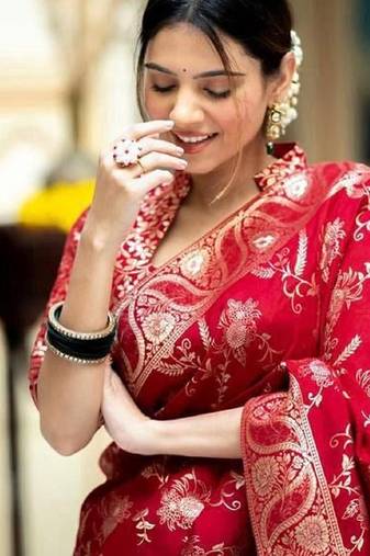 Red soft silk blend banarasi jacuard work designer party wear saree with unstitched blouse piece