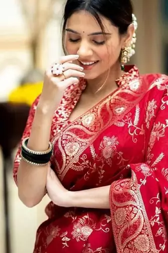 Red soft silk blend banarasi jacuard work designer party wear saree with unstitched blouse piece