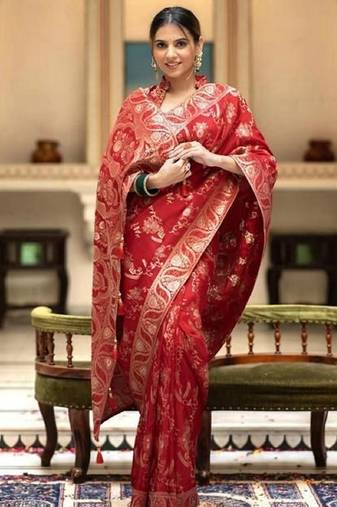 Red soft silk blend banarasi jacuard work designer party wear saree with unstitched blouse piece