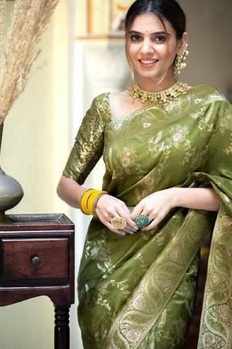 Mehendi soft silk blend banarasi jacuard work designer party wear saree with unstitched blouse piece