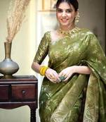 Mehendi silk blend banarasi saree with unstitched blouse piece