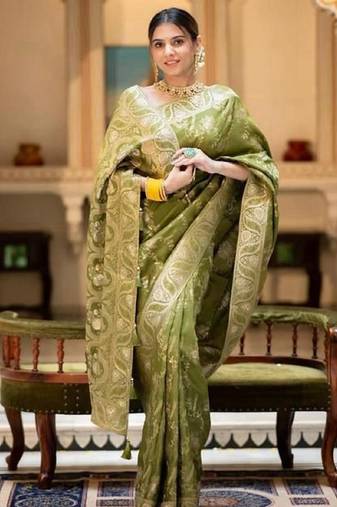Mehendi soft silk blend banarasi jacuard work designer party wear saree with unstitched blouse piece