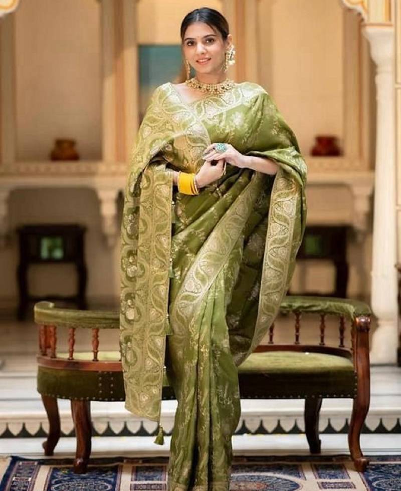 Mehendi soft silk blend banarasi jacuard work designer party wear saree with unstitched blouse piece