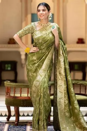 Mehendi silk blend banarasi saree with unstitched blouse piece