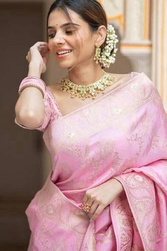 Baby pink soft silk blend banarasi jacuard work designer party wear saree with unstitched blouse piece