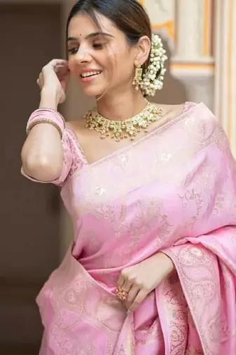 Baby pink soft silk blend banarasi jacuard work designer party wear saree with unstitched blouse piece