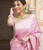 Baby pink silk blend banarasi saree with unstitched blouse piece