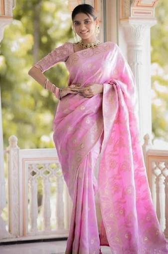 Baby pink soft silk blend banarasi jacuard work designer party wear saree with unstitched blouse piece