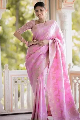 Baby pink silk blend banarasi saree with unstitched blouse piece