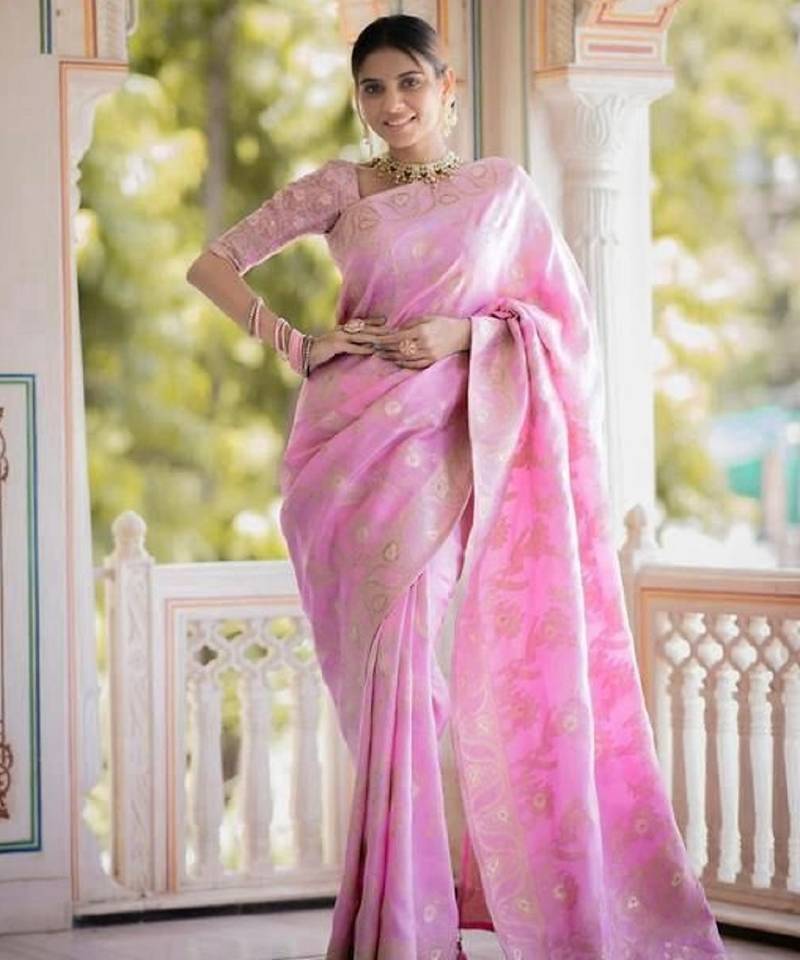 Baby pink soft silk blend banarasi jacuard work designer party wear saree with unstitched blouse piece
