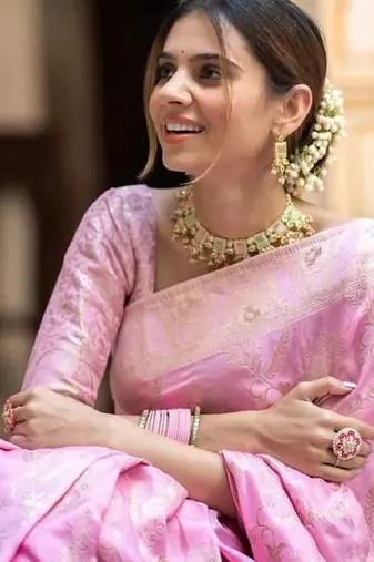 Baby pink silk blend banarasi saree with unstitched blouse piece