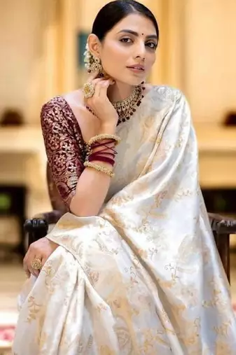 White soft silk blend banarasi jacuard work designer party wear saree with unstitched blouse piece