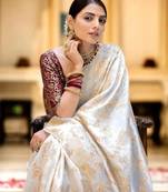 White silk blend banarasi saree with unstitched blouse piece