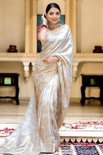White soft silk blend banarasi jacuard work designer party wear saree with unstitched blouse piece