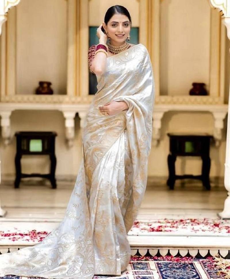 White soft silk blend banarasi jacuard work designer party wear saree with unstitched blouse piece