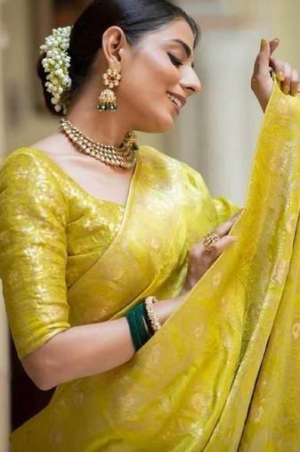 Yellow soft silk blend banarasi jacuard work designer party wear saree with unstitched blouse piece