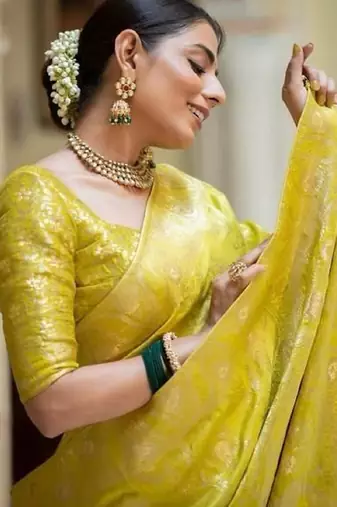 Yellow soft silk blend banarasi jacuard work designer party wear saree with unstitched blouse piece
