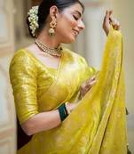 Yellow soft silk blend banarasi jacuard work designer party wear saree with unstitched blouse piece