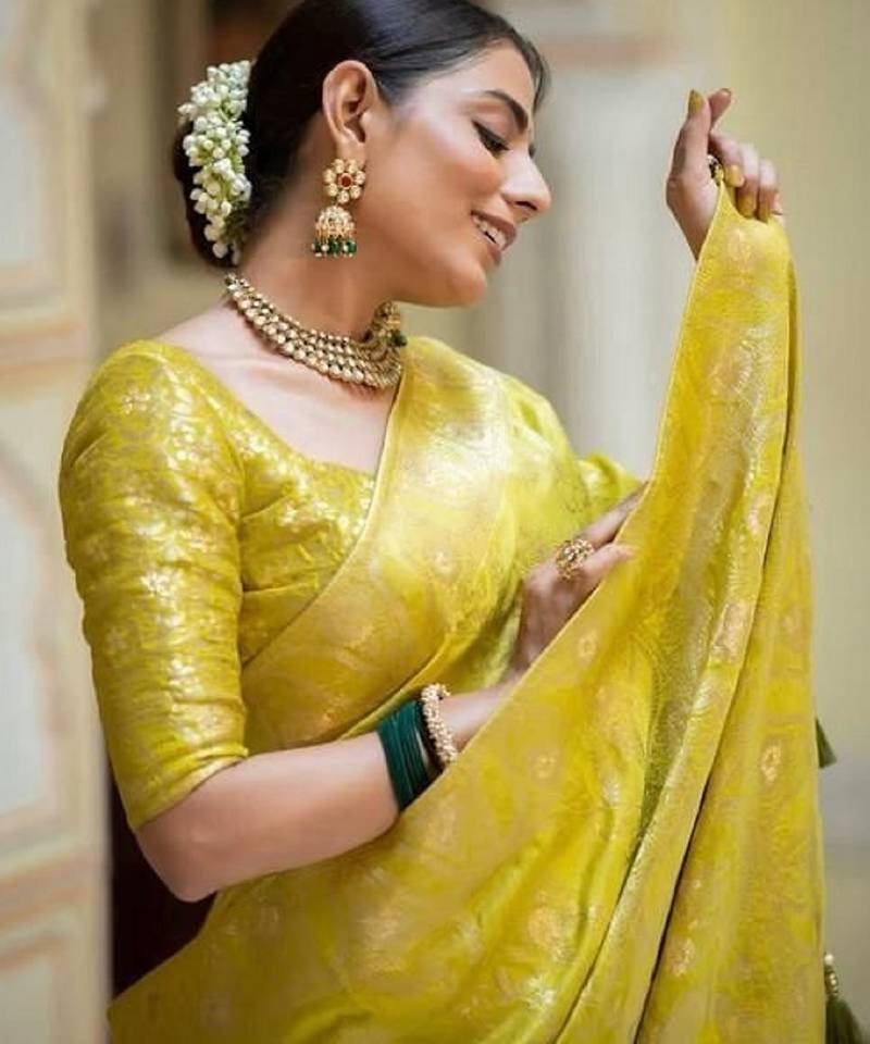 Yellow soft silk blend banarasi jacuard work designer party wear saree with unstitched blouse piece