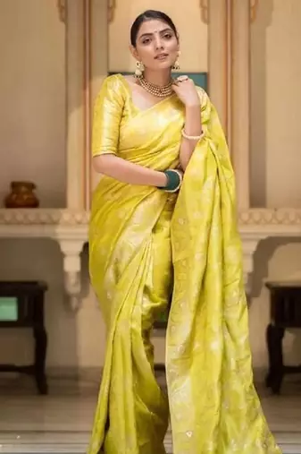 Yellow silk blend banarasi saree with unstitched blouse piece