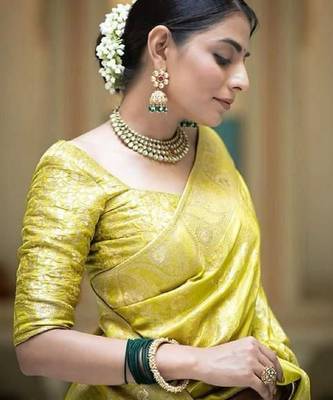 Yellow silk blend banarasi saree with unstitched blouse piece 3