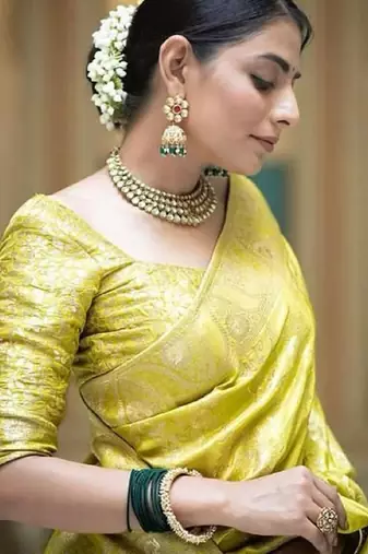 Yellow silk blend banarasi saree with unstitched blouse piece
