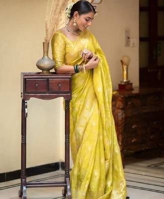 Yellow silk blend banarasi saree with unstitched blouse piece 4