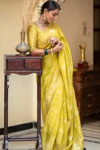 Yellow silk blend banarasi saree with unstitched blouse piece