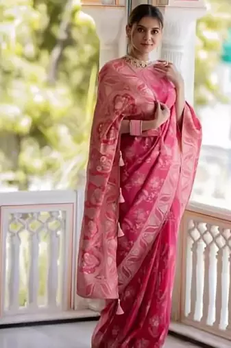 Pink soft silk blend banarasi jacuard work designer party wear saree with unstitched blouse piece