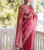Pink silk blend banarasi saree with unstitched blouse piece