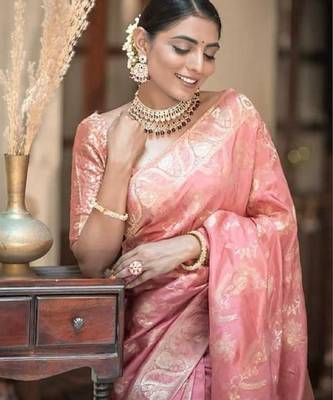 Peach silk blend banarasi saree with unstitched blouse piece 2
